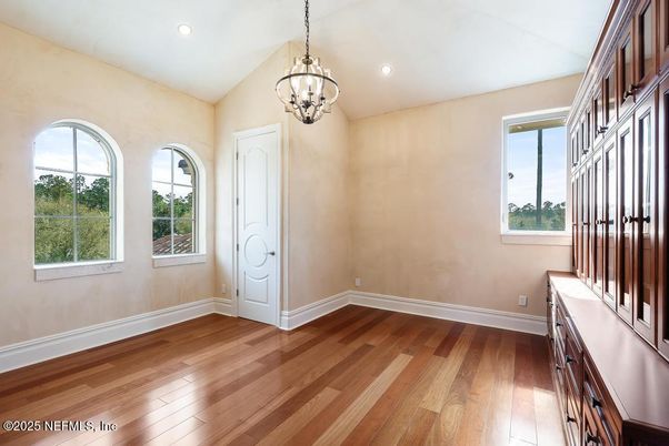 Chandelier, Empty room, Interior, Recessed Lighting, Wood Texture Flooring