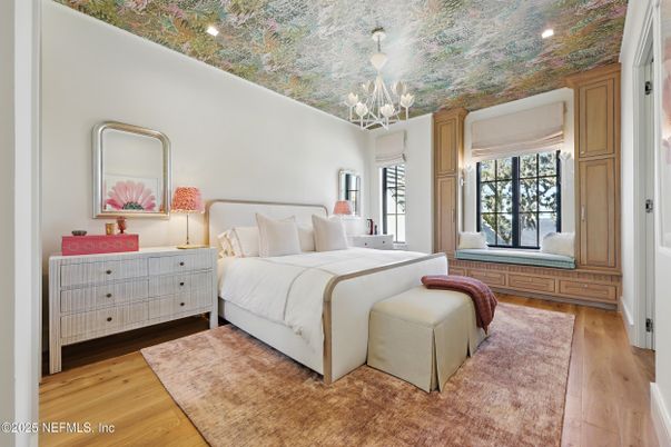 Bedroom, Chandelier, Interior, Recessed Lighting, Wood Texture Flooring