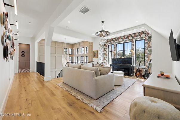Fireplace, Interior, Living room, Pendant Lights, Piano, Recessed Lighting, Wood Texture Flooring