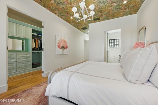 Bedroom, Chandelier, Interior, Recessed Lighting, Wood Texture Flooring