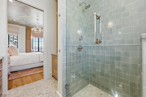 Bathroom, Bedroom, Chandelier, Glass Shower, Interior, Recessed Lighting, Wood Texture Flooring