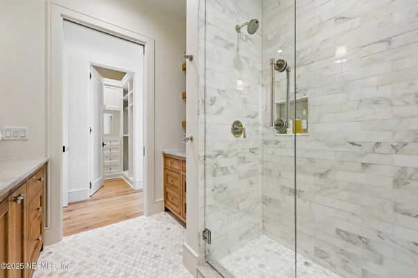Bathroom, Glass Shower, Interior, Marble Walls, Wood Texture Flooring