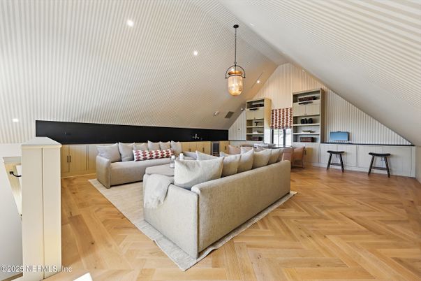 Interior, Living room, Pendant Lights, Recessed Lighting, Wood Texture Flooring
