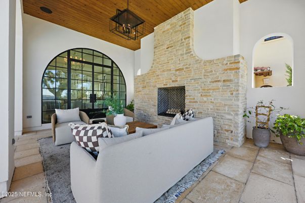 Fireplace, Interior, Living room, Pendant Lights, Stone Walls, Wooden Ceilings