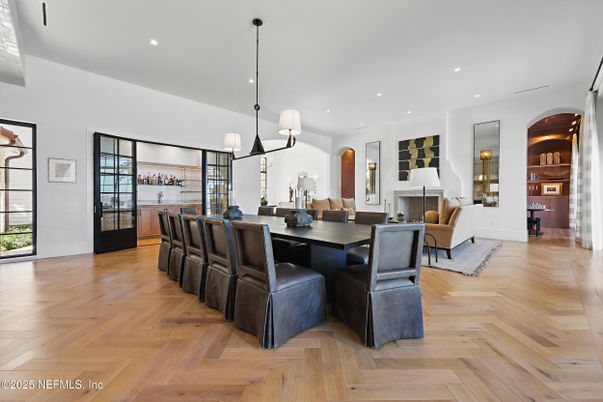 Dining room, Fireplace, Interior, Living room, Pendant Lights, Recessed Lighting, Wood Texture Flooring