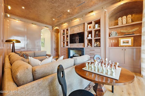 Fireplace, Interior, Living room, Recessed Lighting, Wood Texture Flooring