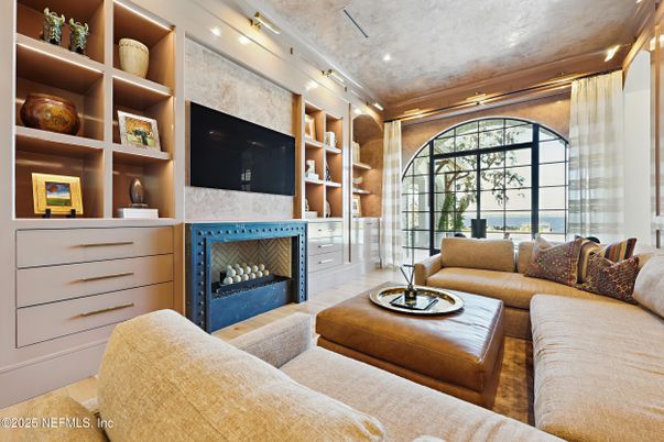 Fireplace, Interior, Living room, Recessed Lighting, Water, Wood Texture Flooring