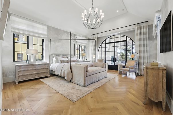 Bedroom, Chandelier, Interior, Pendant Lights, Recessed Lighting, Wood Texture Flooring