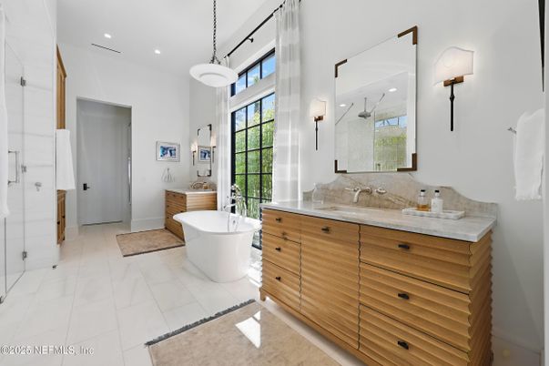 Bathroom, Dual Sink Vanities, Free Standing Baths, Interior, Pendant Lights, Recessed Lighting