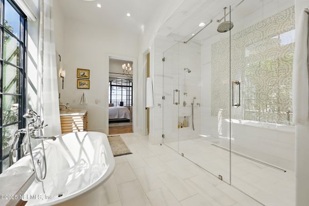 Bathroom, Bedroom, Glass Shower, Interior, Recessed Lighting, Wood Texture Flooring