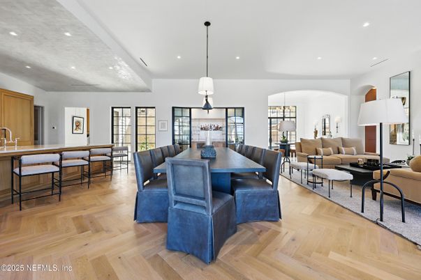Dining room, Interior, Living room, Pendant Lights, Recessed Lighting, Wood Texture Flooring