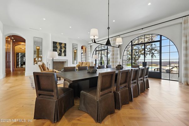 Dining room, Fireplace, Interior, Pendant Lights, Recessed Lighting, Wood Texture Flooring