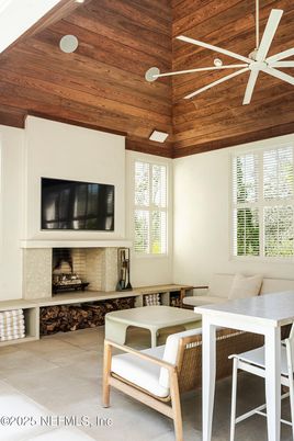 Fireplace, Interior, Recessed Lighting, Wooden Ceilings