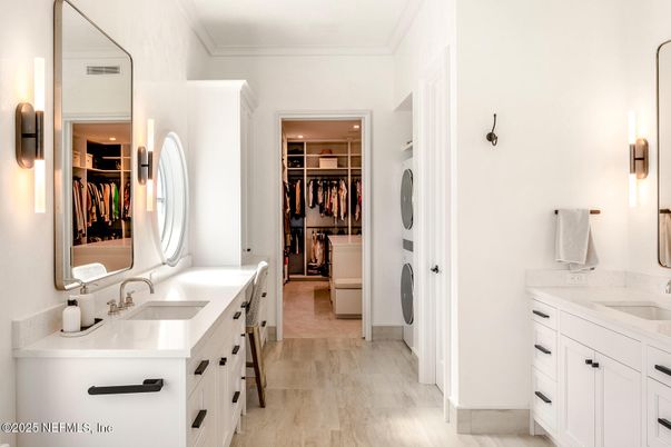 Bathroom, Dual Sink Vanities, Interior, Recessed Lighting, Walk-in Closets
