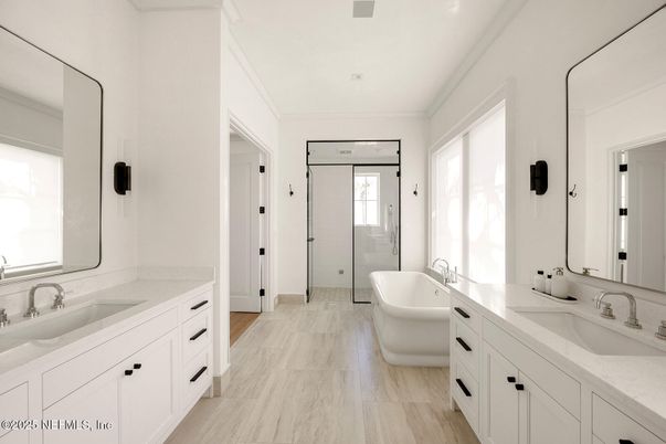 Bathroom, Dual Sink Vanities, Free Standing Baths, Glass Shower, Interior, Wood Texture Flooring
