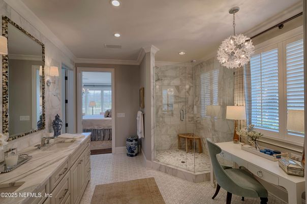 Bathroom, Chandelier, Dual Sink Vanities, Glass Shower, Interior, Marble Walls, Recessed Lighting