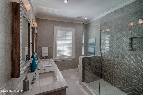 Bathroom, Glass Shower, Interior, Recessed Lighting