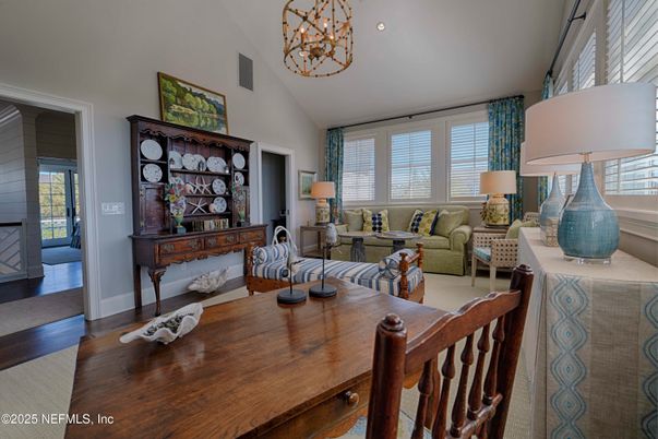 Chandelier, Dining room, Interior, Living room, Recessed Lighting, Wood Texture Flooring