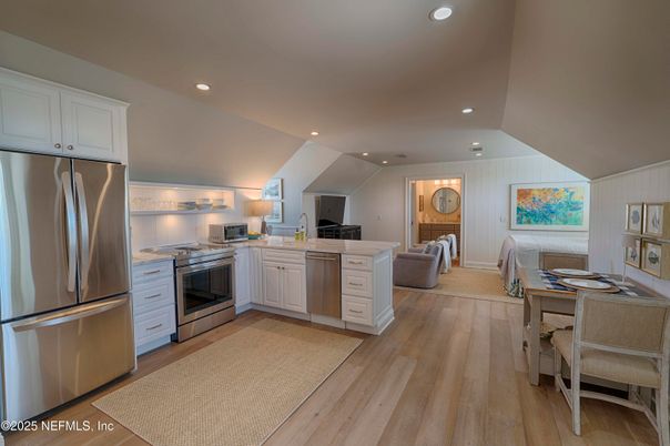 Interior, Kitchen, Living room, Recessed Lighting, Stainless Steel Appliances, Wood Texture Flooring