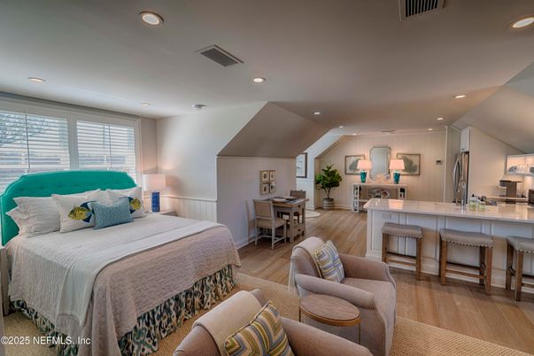 Bedroom, Interior, Kitchen, Recessed Lighting, Wood Texture Flooring
