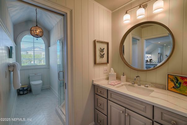 Bathroom, Dual Sink Vanities, Glass Shower, Interior, Marble, Pendant Lights