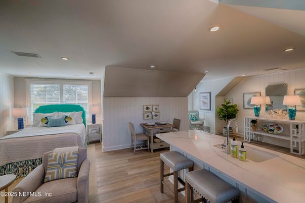 Bedroom, Dining room, Interior, Kitchen, Recessed Lighting, Wood Texture Flooring