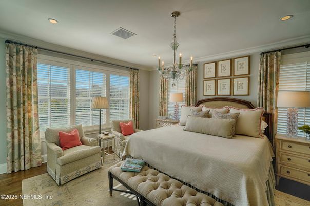 Bedroom, Chandelier, Interior, Recessed Lighting, Wood Texture Flooring