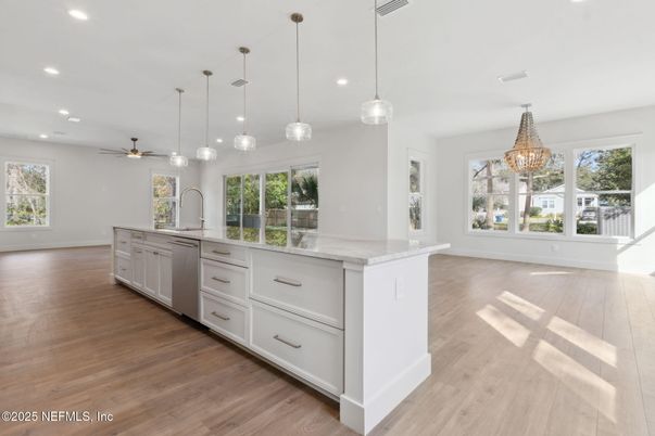 Interior, Kitchen, Pendant Lights, Recessed Lighting, Wood Texture Flooring