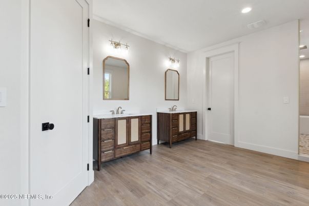 Bathroom, Dual Sink Vanities, Interior, Recessed Lighting, Wood Texture Flooring
