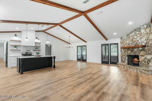 Fireplace, Interior, Kitchen, Pendant Lights, Recessed Lighting, Stone Walls, Wooden Beams, Wood Texture Flooring