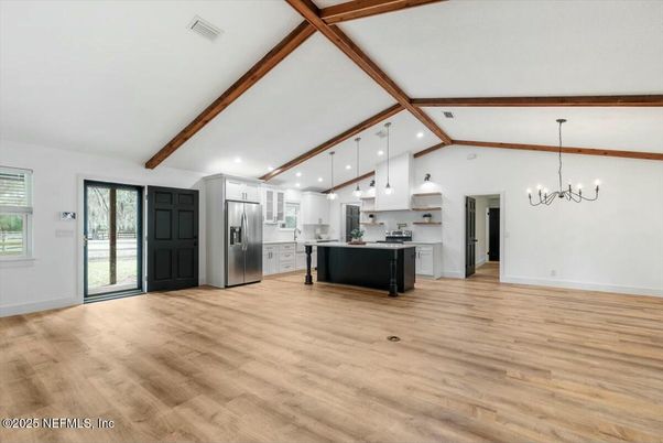 Chandelier, Interior, Kitchen, Pendant Lights, Recessed Lighting, Stainless Steel Appliances, Wooden Beams, Wood Texture Flooring