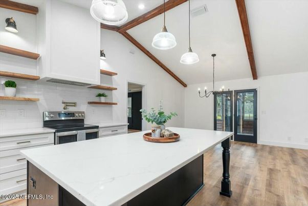 Interior, Kitchen, Pendant Lights, Stainless Steel Appliances, Wooden Beams, Wood Texture Flooring