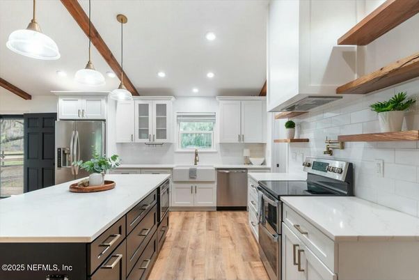 Interior, Kitchen, Pendant Lights, Recessed Lighting, Stainless Steel Appliances, Wood Texture Flooring
