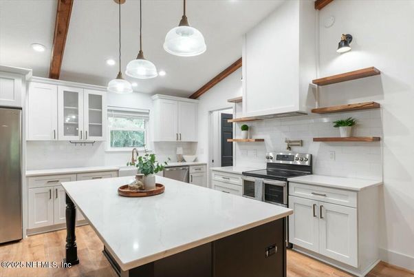 Interior, Kitchen, Pendant Lights, Recessed Lighting, Stainless Steel Appliances, Wooden Beams, Wood Texture Flooring
