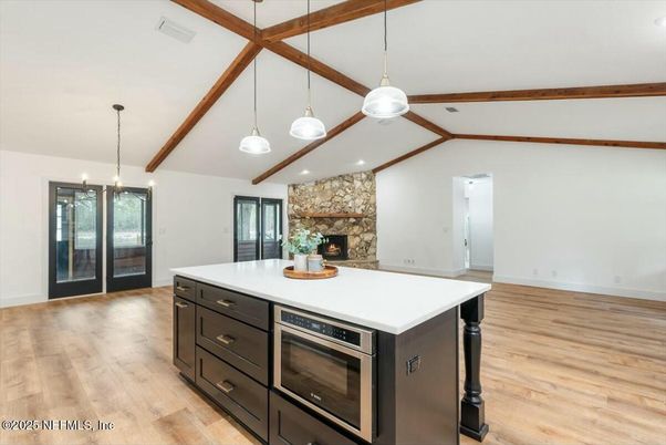 Fireplace, Interior, Kitchen, Pendant Lights, Recessed Lighting, Stone Walls, Wooden Beams, Wood Texture Flooring