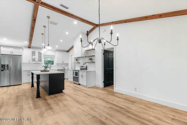 Chandelier, Interior, Kitchen, Pendant Lights, Recessed Lighting, Stainless Steel Appliances, Wooden Beams, Wood Texture Flooring