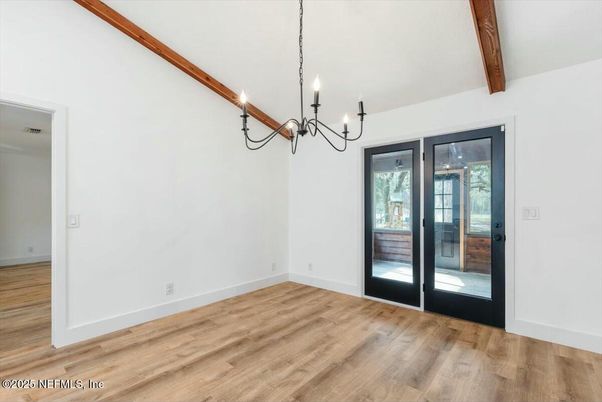 Chandelier, Empty room, Interior, Wooden Beams, Wood Texture Flooring