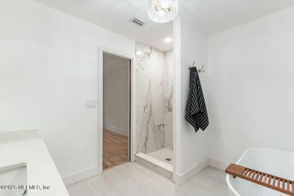 Bathroom, Interior, Marble Walls, Recessed Lighting, Wood Texture Flooring