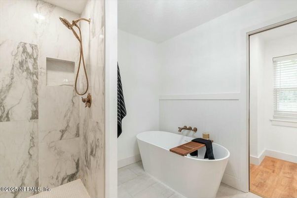 Bathroom, Free Standing Baths, Interior, Marble Walls, Wood Texture Flooring