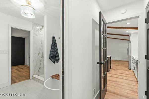 Bathroom, Interior, Marble Walls, Recessed Lighting, Wood Texture Flooring