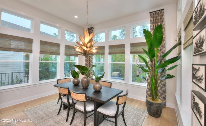 Dining room, Interior, Pendant Lights, Recessed Lighting, Wood Texture Flooring