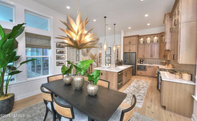 Dining room, Interior, Kitchen, Pendant Lights, Recessed Lighting, Stainless Steel Appliances, Wood Texture Flooring