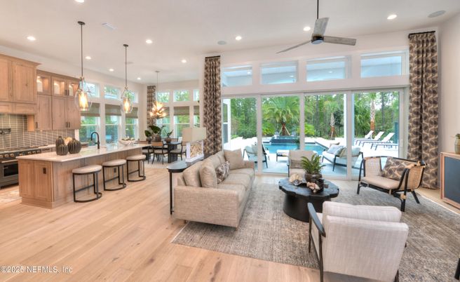 Dining room, Interior, Kitchen, Living room, Pendant Lights, Recessed Lighting, Wood Texture Flooring
