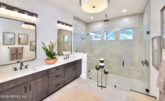 Bathroom, Dual Sink Vanities, Glass Shower, Interior, Recessed Lighting