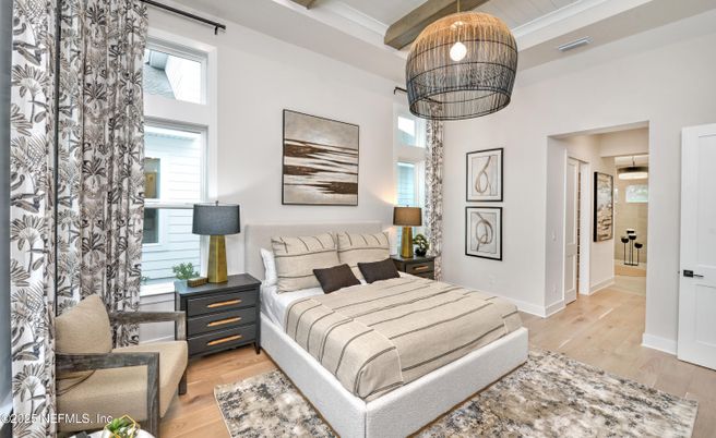 Bedroom, Interior, Pendant Lights, Wood Texture Flooring