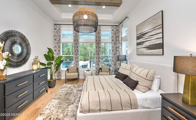Bedroom, Interior, Pendant Lights, Recessed Lighting, Wood Texture Flooring