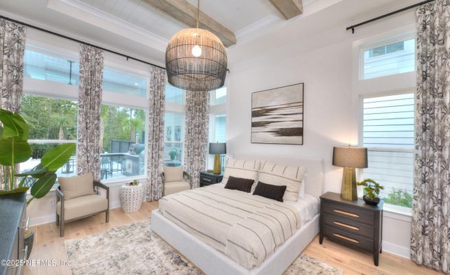 Bedroom, Interior, Pendant Lights, Wooden Beams, Wood Texture Flooring