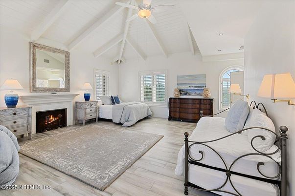 Bedroom, Fireplace, Interior, Recessed Lighting, Wood Texture Flooring