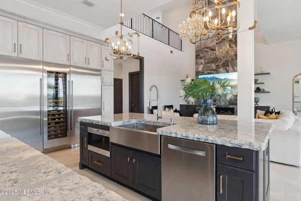 Chandelier, Interior, Kitchen, Pendant Lights, Recessed Lighting, Stainless Steel Appliances, Wood Texture Flooring