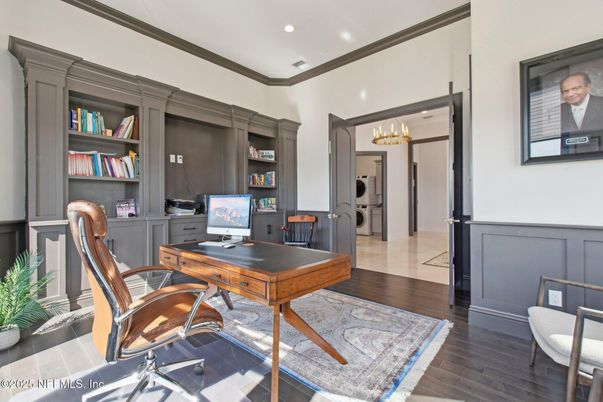 Chandelier, Home Office, Interior, Recessed Lighting, Wood Texture Flooring